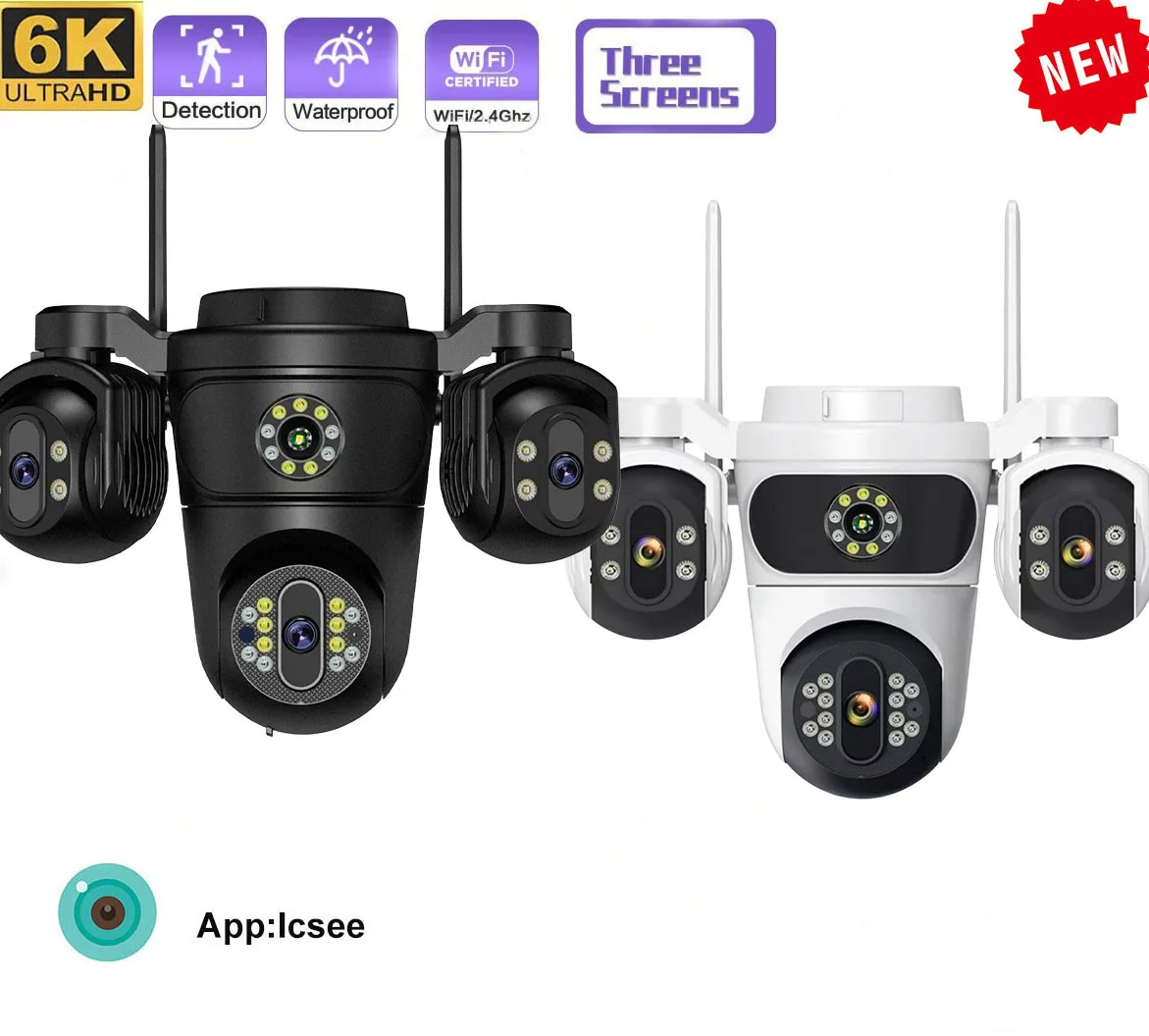 WIFI 4K Camera with Three Screens PTZ Human Detection Security CCTV Surveillance HD Outdoor Dual Lens Compatible with iCsee App