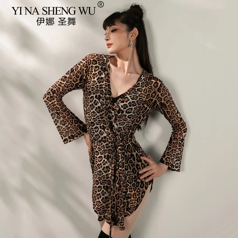 ملابس الرقص اللاتينية للنساء بأكمام طويلة سترة فضفاضة شبكية علوية للكبار ممارسة الرقص ملابس التدريب معطف الرقص الحديث رومبا