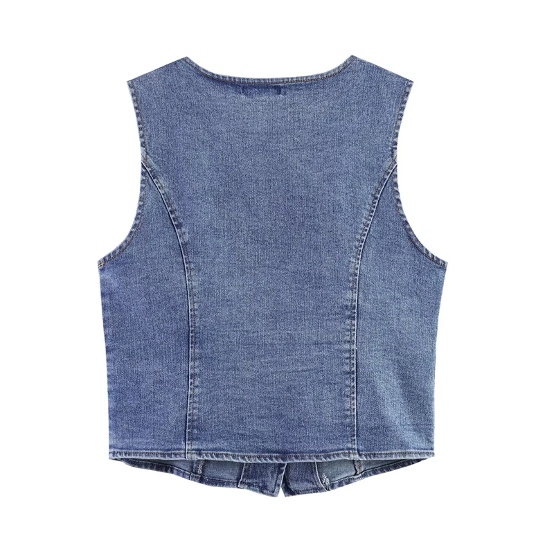 KEYANKETIAN 2026 Vintage Retro Sleeveless Denim Vest  Round Neck, Pearl & Gemstone Embellished Buttons & Cropped Length Top