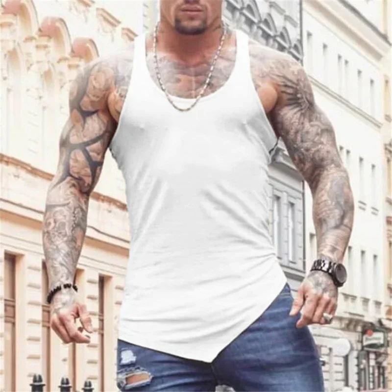 

Summer Workout Muscle Casual Sleeveless Shirt Slim Fit Clothing Plain Mens Cotton Irregular Hem Vest Gym Bodybuilding Tank Tops