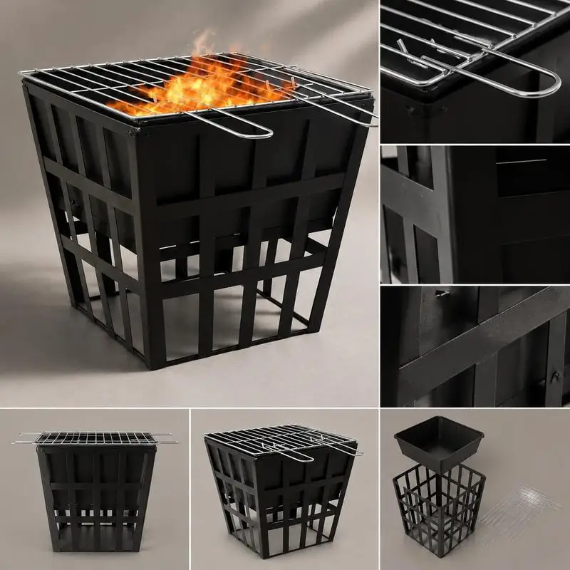 Brasero et Grill à Charbon 2-en-1 en Acier pour Extérieur, Chauffage BBQ Multifonctionnel pour Fêtes sur Patio et Jardin, Construction Métallique Durable, 34x34x48 Cm