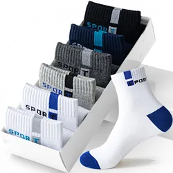 Men Fashion Cotton Sport Socks Letter Middle Tube Breathable Soft Sneakers High Elastic Sock Towel Sox Summer Running Calcetines