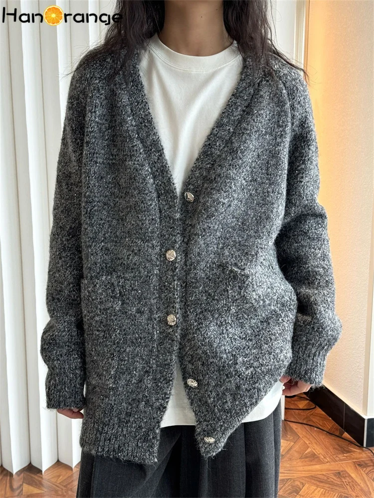 HanOrange 2024 Early Spring Holiday Lazy V-neck Glitter Wool Knitted Cardigan Women Soft and Thick Sweater Top Dark Snow Gray