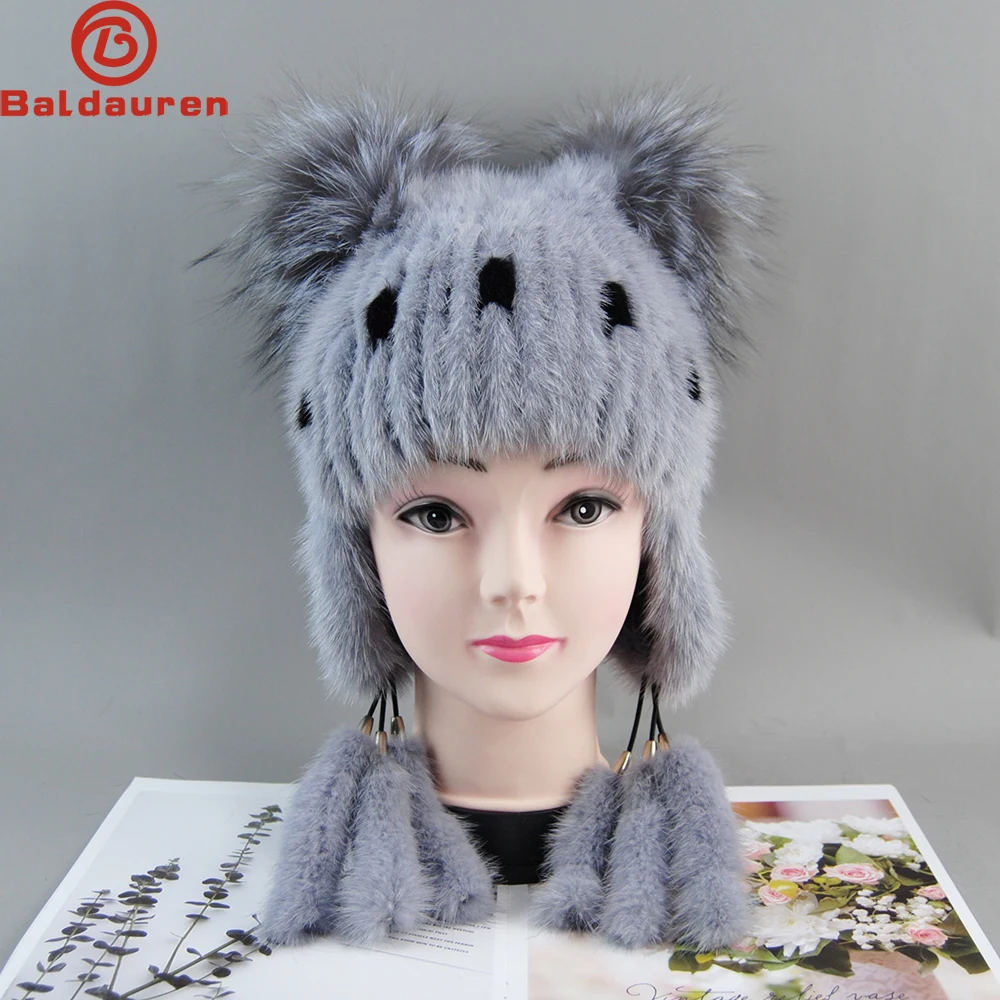 

2024 Hot Sale Fashion Winter Women Fur Hat Real Mink Fur Hats Warm Knitted Ear Protection Hats Lady Real Fur Knitted Beanie cap