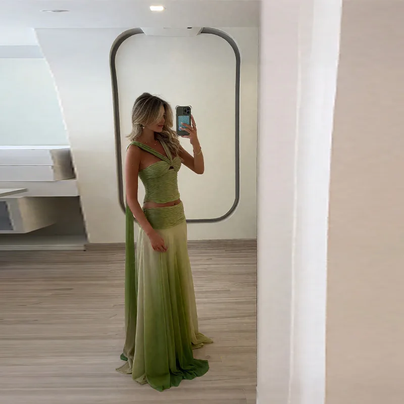 

Sexy Boutique Gradient Women Dress Sets 2 Pieces Backless Tube Hollow Out Crop Top Low Waist Loose Long Skirt 2025 Lady Outfits
