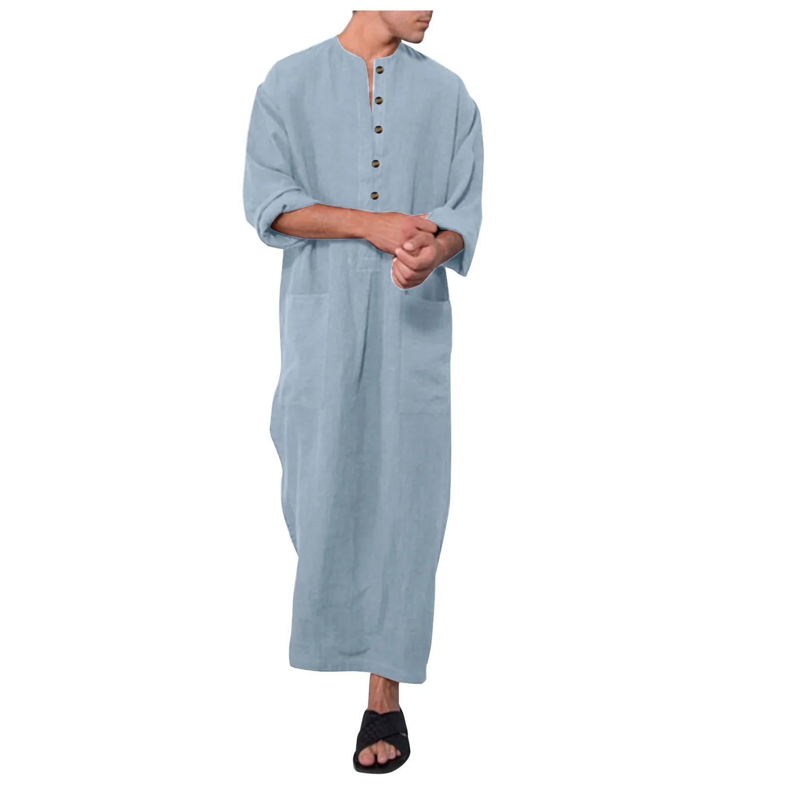 Nieuwe 2024 Vintage Mannen Jubba Thobe Islamitische Arabische Lange Mouw Ronde Hals Knoop Effen Zakken Gewaden Saudi-Arabië Abaya Moslim Kaftan