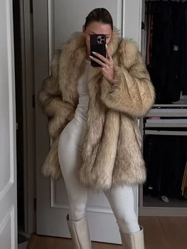 女性のためのふわふわのキツネの毛皮のコート,モノクロのラペル,特大のグラデーションジャケット,厚い毛皮のオーバーコート,長袖,エレガントで暖かい,女性のファッション,冬