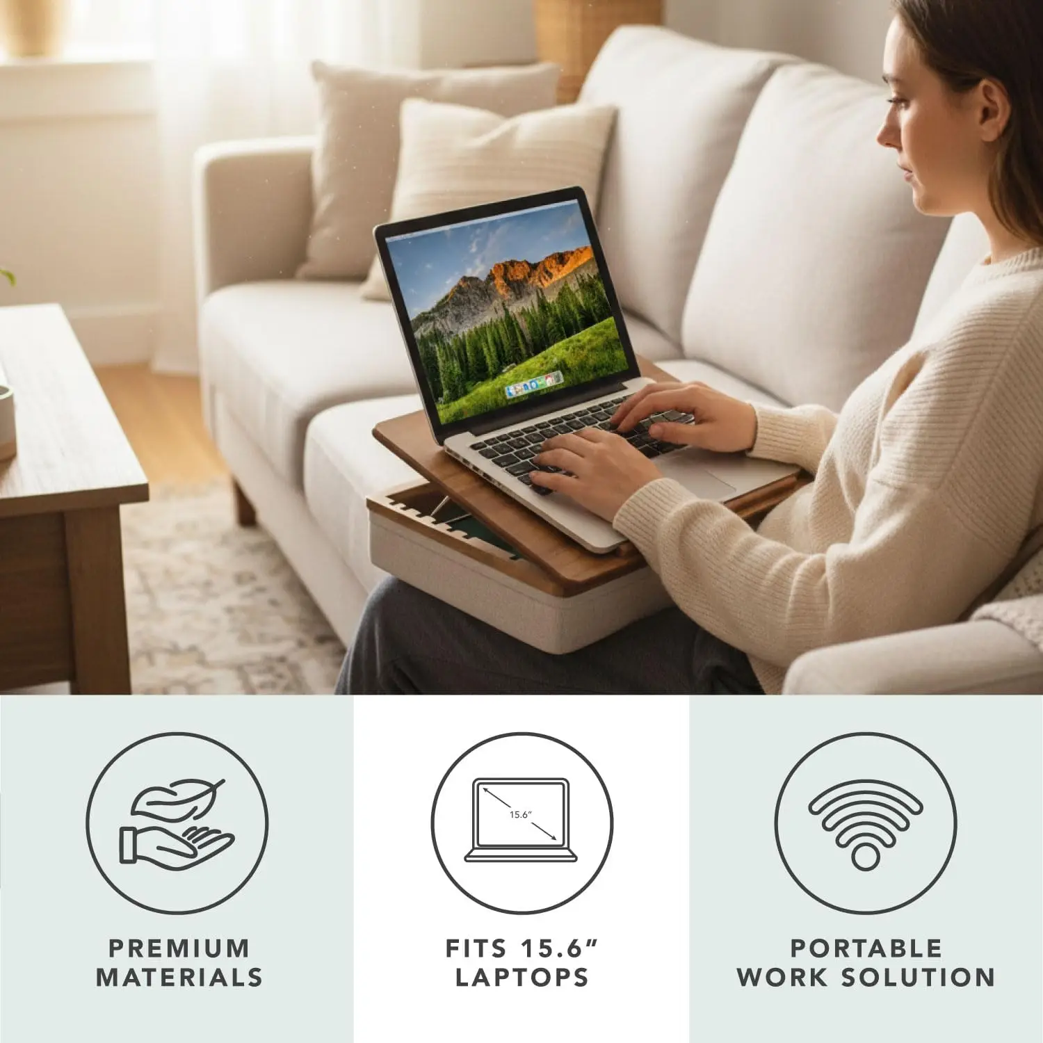 Adjustable Acacia Wood Lap Desk with 7 Tilt Levels, Fits 15.6" Laptops, Portable Workstation and Storage