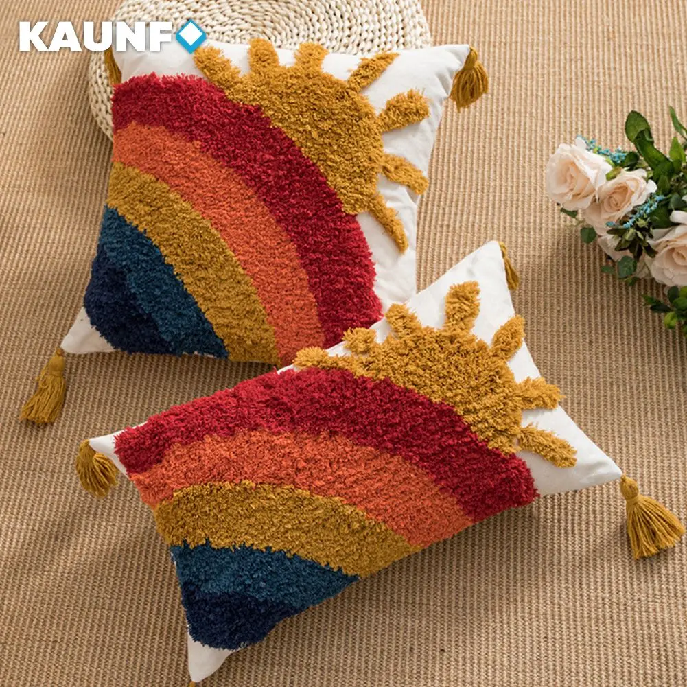 

KAUNFO Moroccan Style Embroidered Tufted Cushion Cover Home Decoration Sofa Throw Pillowcase Cover 45x45cm 1PC