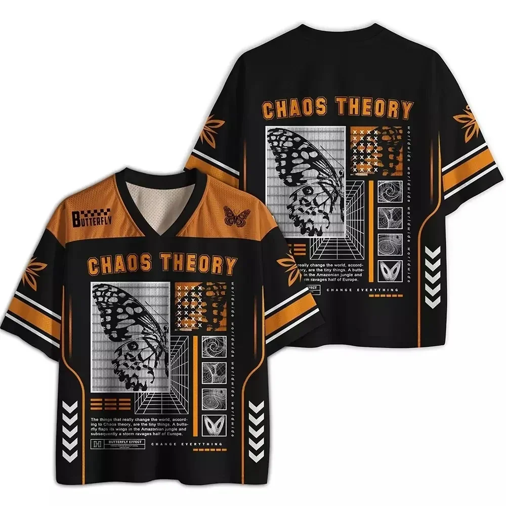 American-style Chaos Theory Butterfly 3D Graphic T-shirt Unisex Oversized  V Neck Breathable Short Sleeve Streetwear Couple Tops