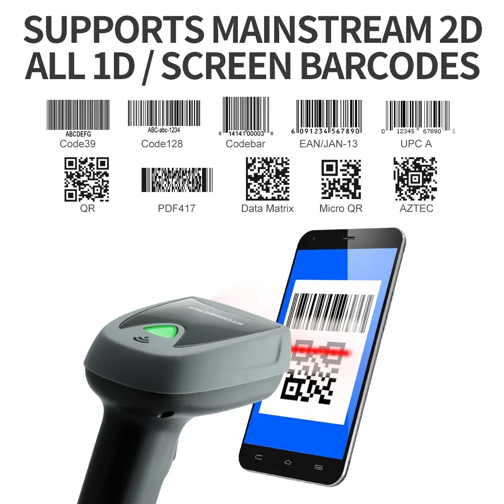 1280*800 CMOS Wireless Barcode Scanner 1D 2D QR Handheld Reader for Retail Supermarket