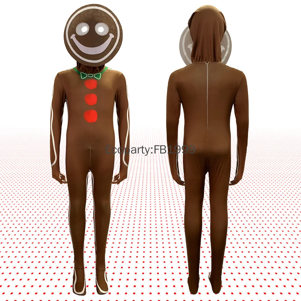 Adult Kids Gingerbread Man Cosplay Costume Boy Girls Christmas Brown Gingerbread Cookie Jumpsuits Outfit Purim Carnival Dress Up view 3