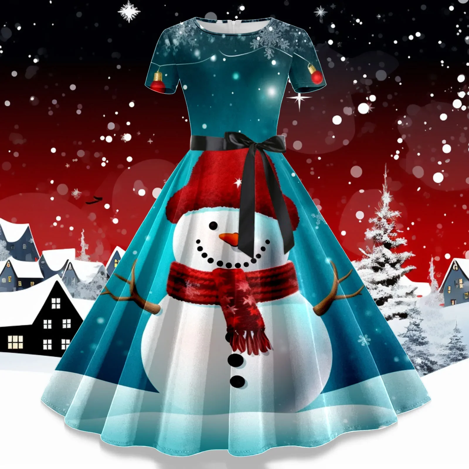 Gewaad Kerstjurken Voor Vrouwen Winter Pinup Rockabilly Sexy Cosplay Feestjurk Santa Claus Sneeuw Print Cocktail Prom Jurk