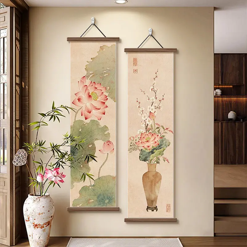 Asian Zen Wall Art Posters Water Lily Canvas Scroll for Hotel Lobby Spa Room Meditation Corner Tea Room Aesthetic Room Decor