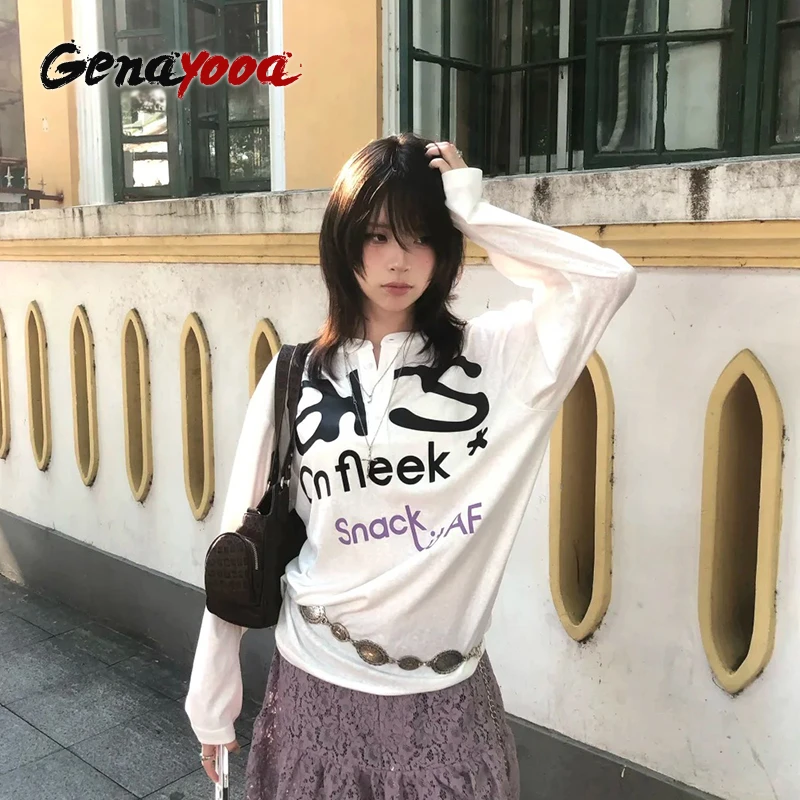 Genayooa Harajuku تي شيرت مطبوع المرأة كم طويل فضفاض بلايز عادية Y2k خمر الجرونج القمم اليابانية 2000s الشارع الشهير بلايز