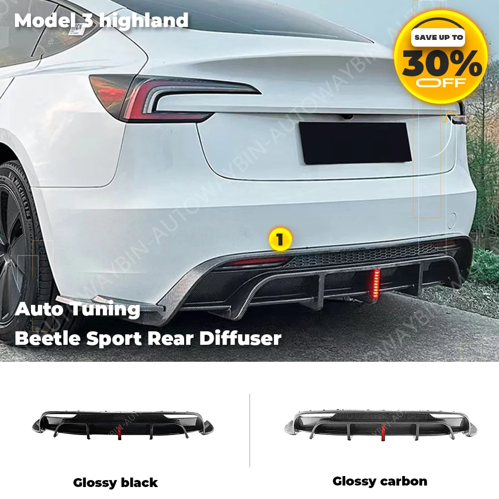 For Tesla Model 3 Highland 2024 Beetle Body Kits Bumper lip Rear Diffuser with Pilot Light Glossy Black Carbon Tesla Tuning Part