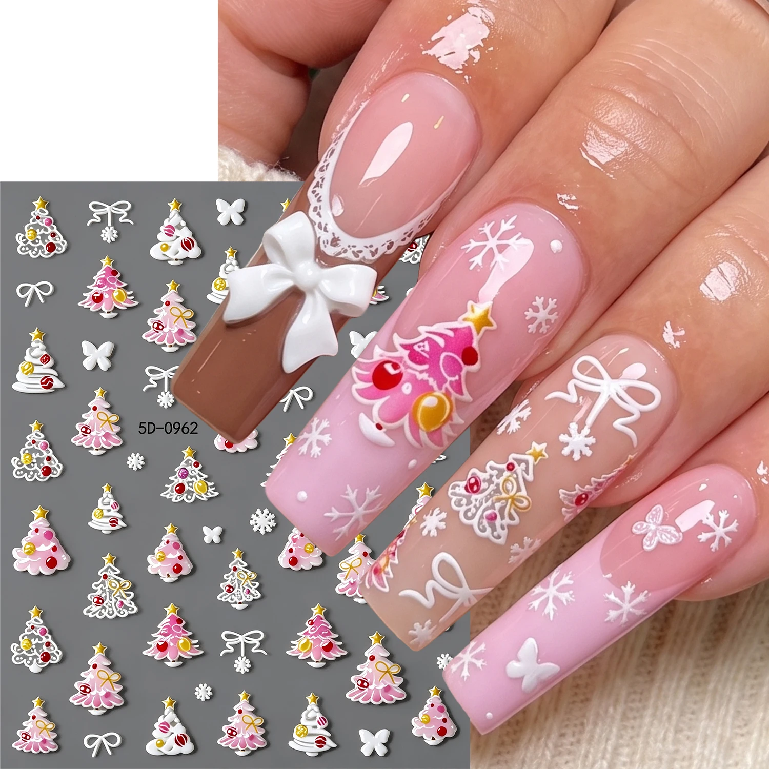 1PCS 5D Embossed Christmas Nail Stickers Cute Pink White Xmas Tree Bow Snowflake Nail Art Decals For Winter Party DIY Manicure *
