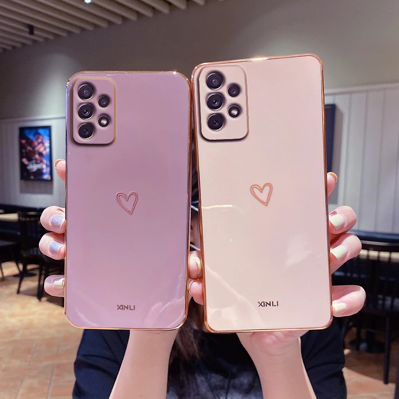 

A 53 73 33 Love Heart Square Plating Phone Case On For Samsung Galaxy A53 A73 A33 A52 A72 A32 4G 5G Bumper Glitter Fundas Cover