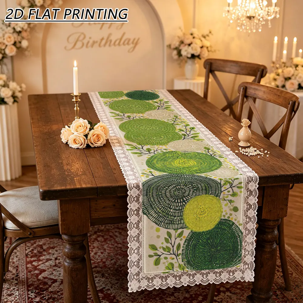 1pc Green Round Leaf Pattern Tulle Lace Table Runner For Farmhouse Festival Gathering