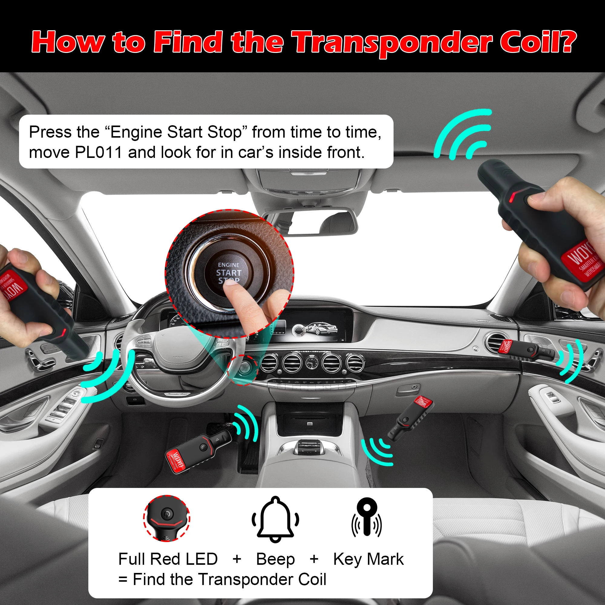 

WOYO PL011 PKE LF Locator Transponder Key Coil Detector Keyless Entry Low Frequency Antenna Inspection Car Key Cloning Auxiliary