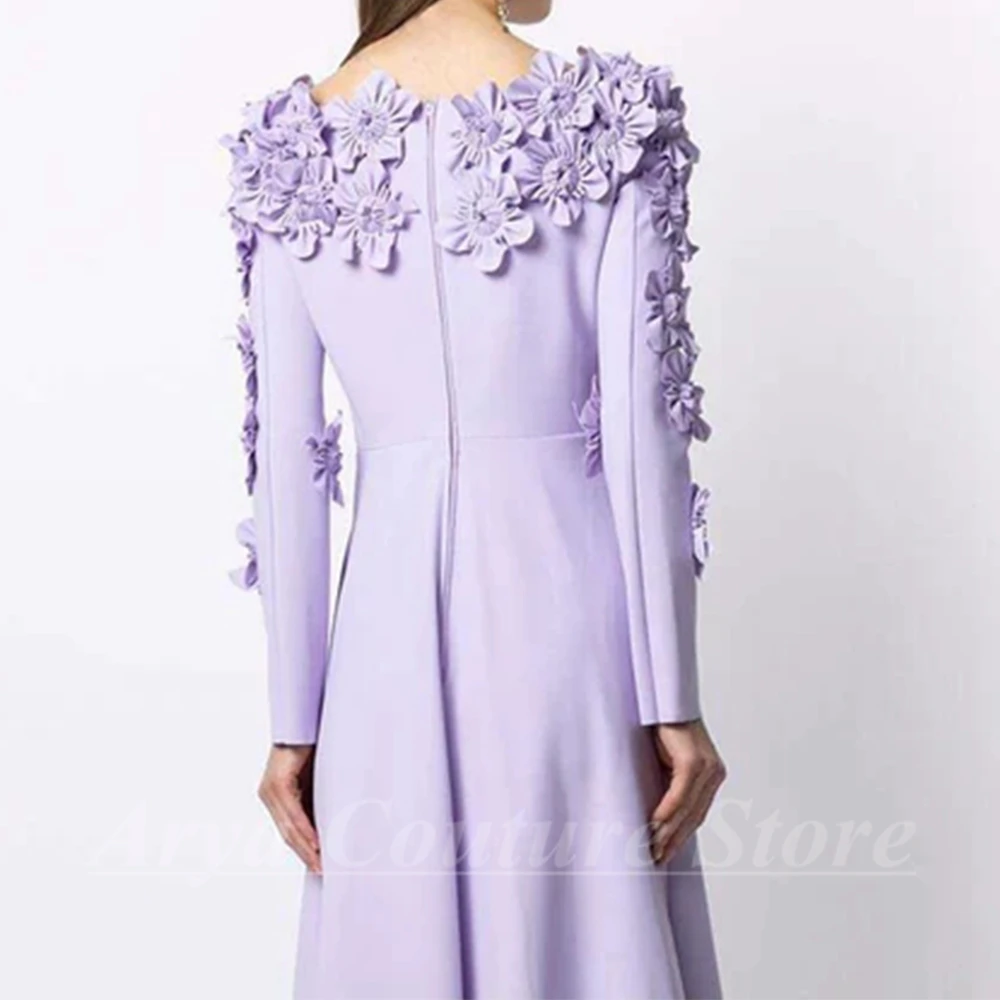 Chic Flowers Long Sleeve Evening Dress O-Neck A-Line Tea-Length Women Party Banquet with Pocket and Bow Lavender Customize Gowns