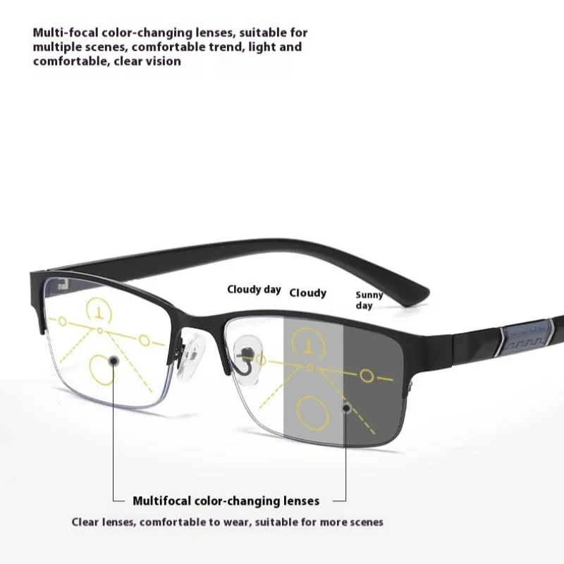 Smart Photochromic Multifocal Reading Glasses Men Business Presbyopia Eyewear Metal Frame Far Sighted Eyeglasses with Sunshades