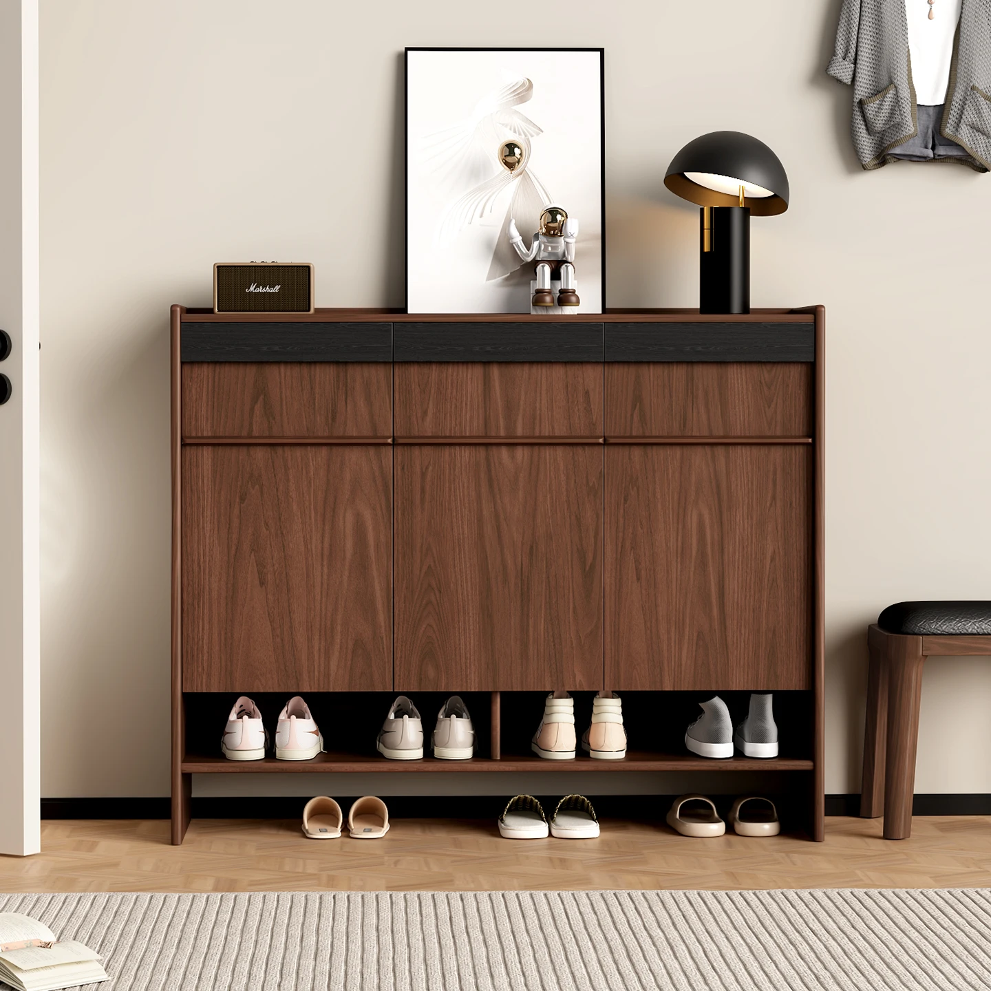 Black walnut door entry shoe cabinet storage cabinet integrated against the wall antique door cabinet household solid wood rack