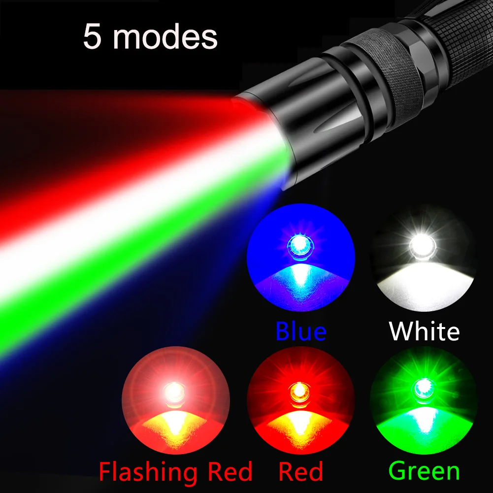 C5 Hunting Red Flashlight 4 Color in 1 Flash Light Green Blue White Led Fishing Camping Lantern Zoomable Glow Stick Party Props