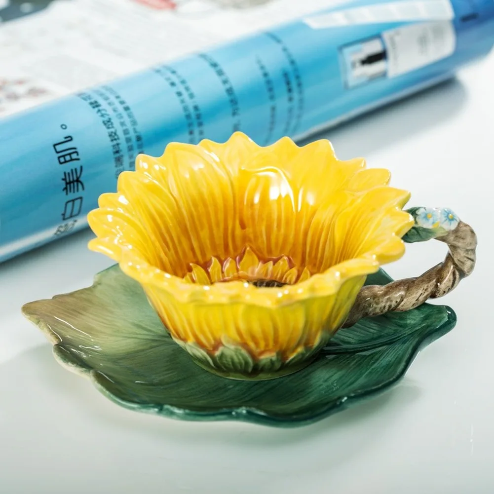 150 ml Sunflower Enamel Porcelain Ceramic taza mugs set Cup Original Home Decor Spoon Coffee Cups