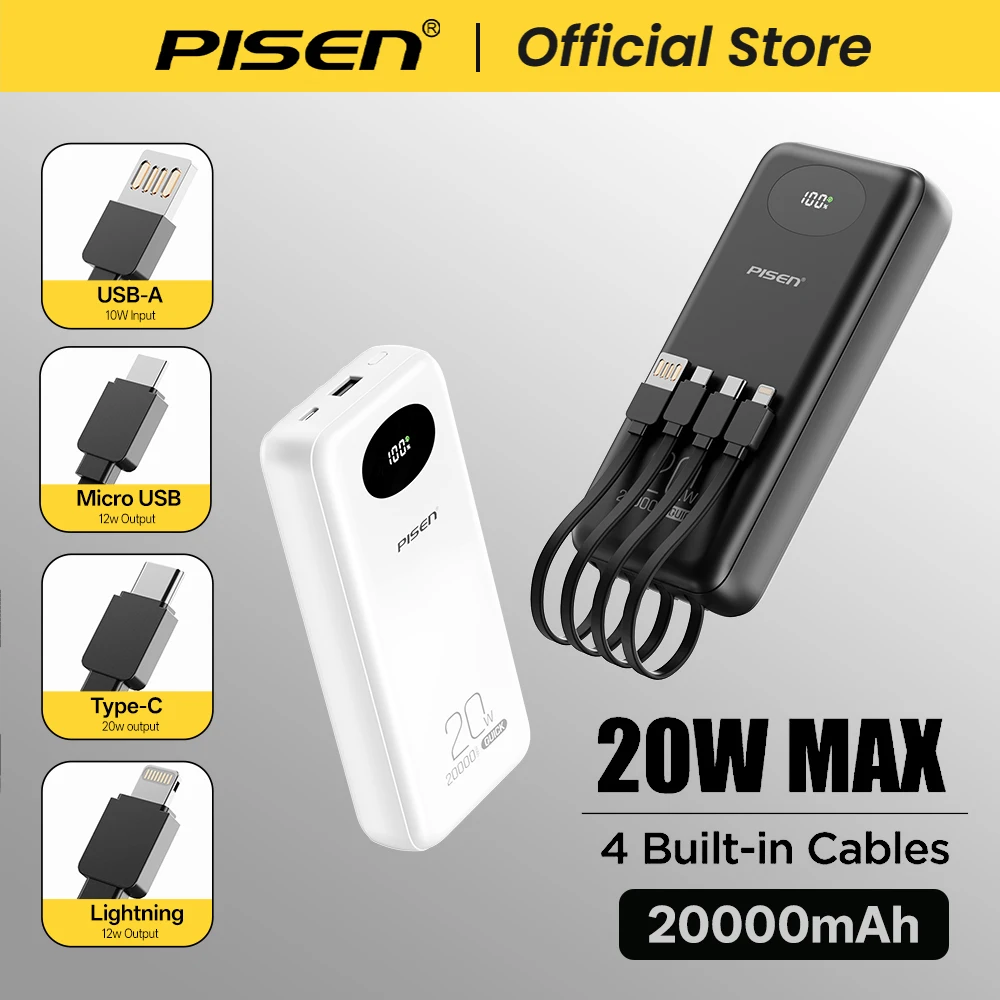 PISEN 20000mAh 20W Fast Charging Powerbank With 4 Built-in Cables For iPhone Samsung Xiaomi