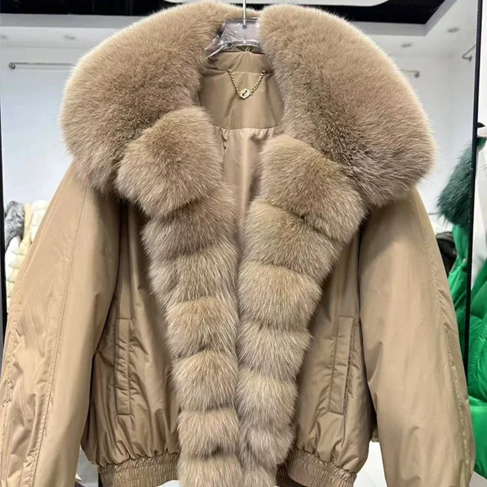 Elegancka Krótka Kurtka z Naturalnego Futra, 90% Białego Puchu Kaczy, Nowa Zimowa Kurtka Parka z Naturalnym, Dużym Kołnierzem z Futra Lisa, Damska, Luźna, Gruba i Ciepła