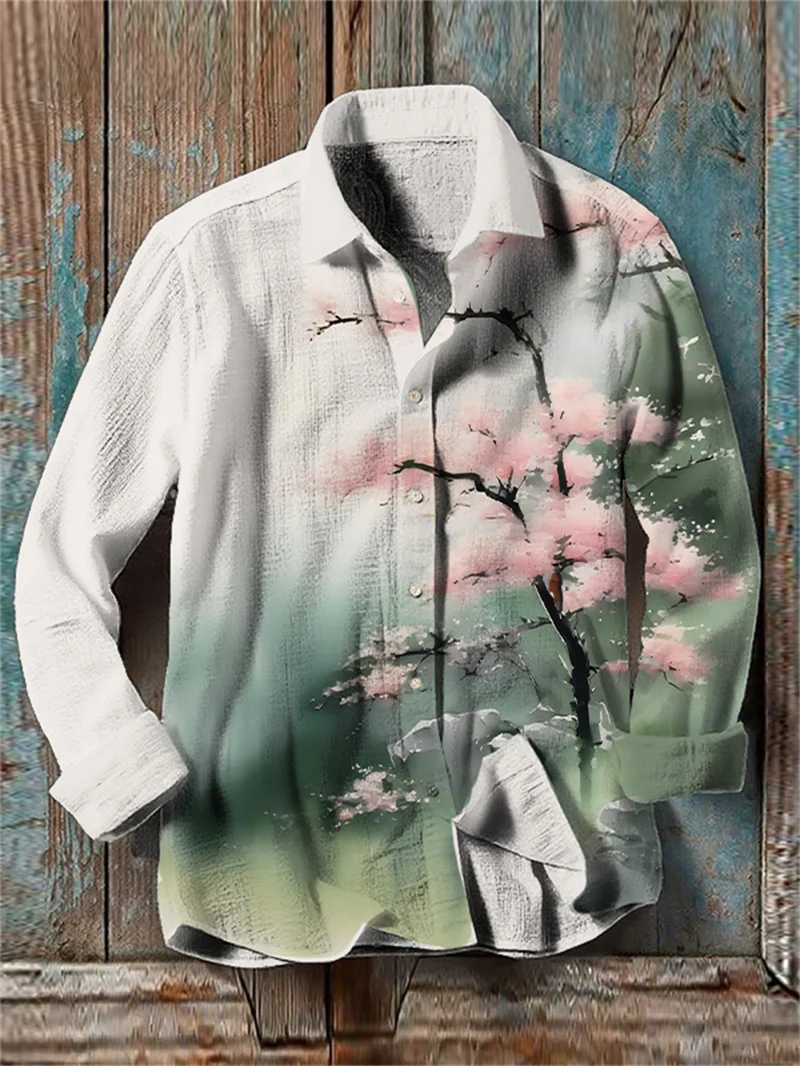 

Новая мужская льняная рубашка с длинным рукавом HD 3D Fishprint Flower Series с рисунком черепа, повседневная удобная верхняя рубашка