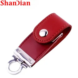 Shandian venda quente metal couro chaveiro pendrive usb flash drive 64gb 32gb 16gb 4gb memória comercial pen drive u disco