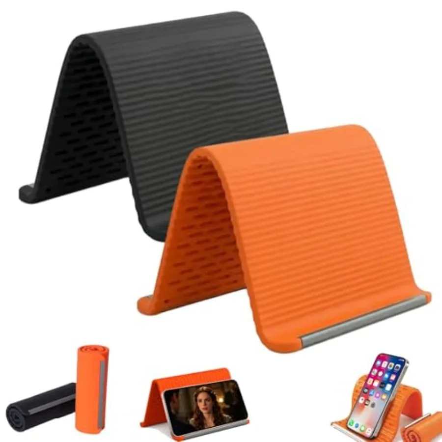 

2Pcs Silicone Phone Stand with Aluminum, Orange + Black, Flexible Foldable Universal Adjustable Anti-Slip Desktop Mount for Pho