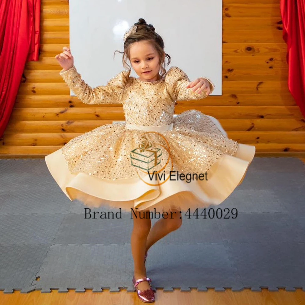 Champagne Flower Girls Dresses for Kids 2024 Full Sleeve Knee Length Wedding Party Dresses with Sequined Bow فلور فتاة اللباس