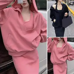 Two-piece Long-sleeved Suit Women's 2-piece Hoodie Dress Set V-neck Long Sleeve Top Maxi Dress Solid Color Commute Outfit