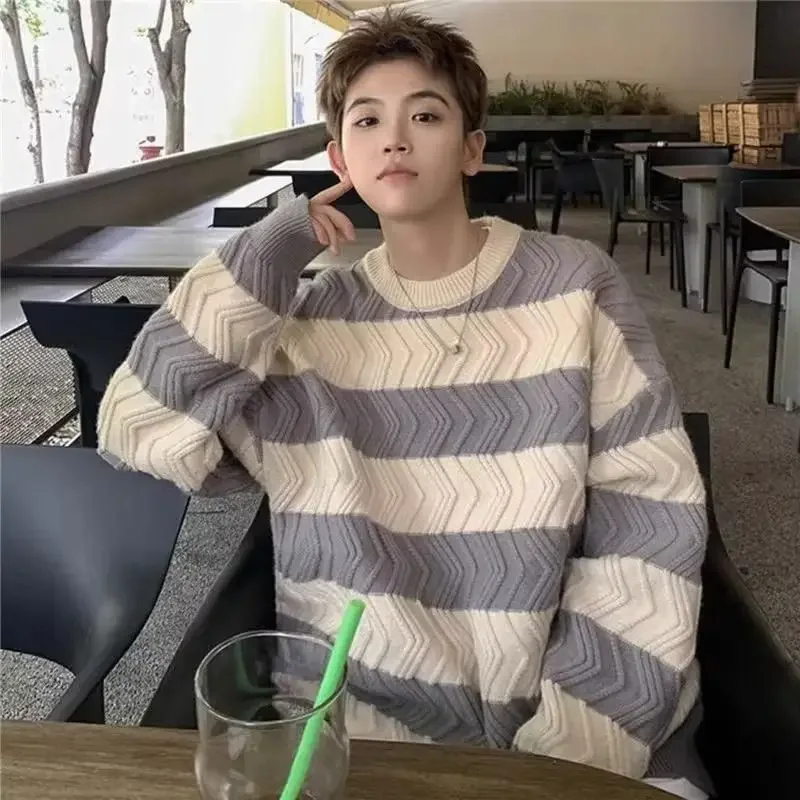 Men Korean Round Neck Sweater Loose and Lazy Stripe Contrast Knitted Shirt Couple Top Autumn and Winter Fashion Brand New Ins