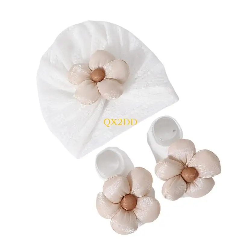 

QX2D 2Pcs/pack Girls Floral Turban Hat Elastic Bonnet Headgear with Flower Embellishments 0-1 Year Infants Baby Socks Set
