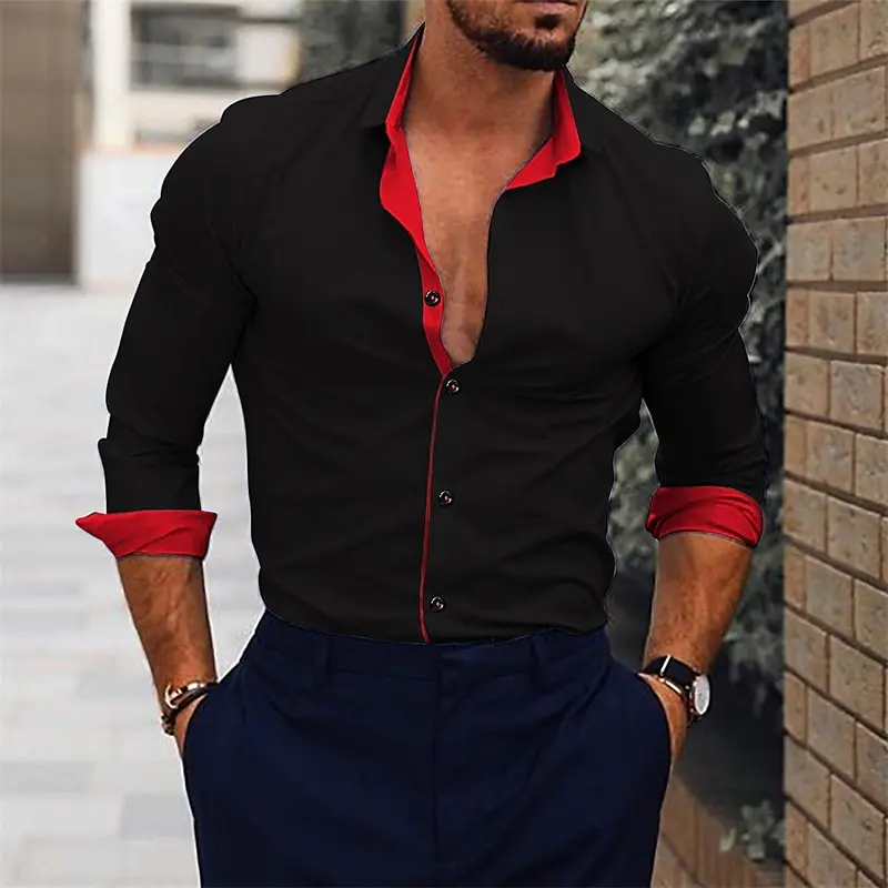 2024 Men\'s Shirt Suit Lapel Office Casual Outdoor Sports Gym Splicing Simple Fashion Solid Color Soft Comfortable Large Size