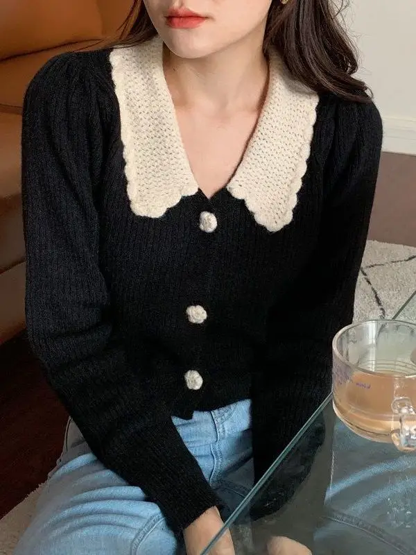 plus Size Women's Lazy Doll Collar Knitted Sweater Top Waist-Cinching Slimming Open Cardigan French Style Long Sleeve Short L...