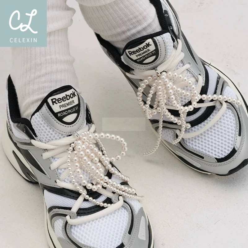 

Black flat shoelaces, pearl bow shoe buckles, removable men's and women's personalized white shoelaces, small white shoe laces