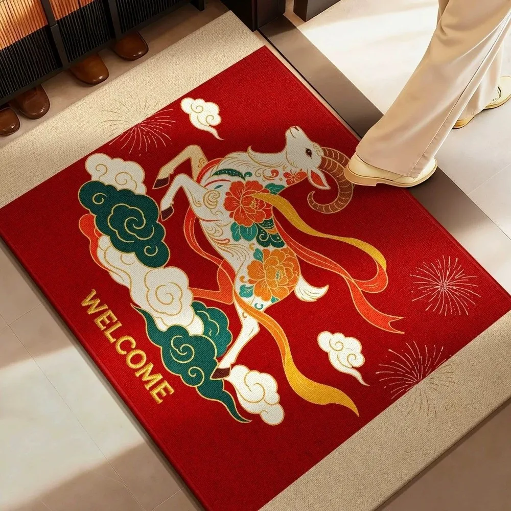 Chinese Style Zodiac Goat Floor Mat Blessing Words Anti Slip 2027 Lamb Door Mat Soft Quick Dry Year of The Sheep Mat