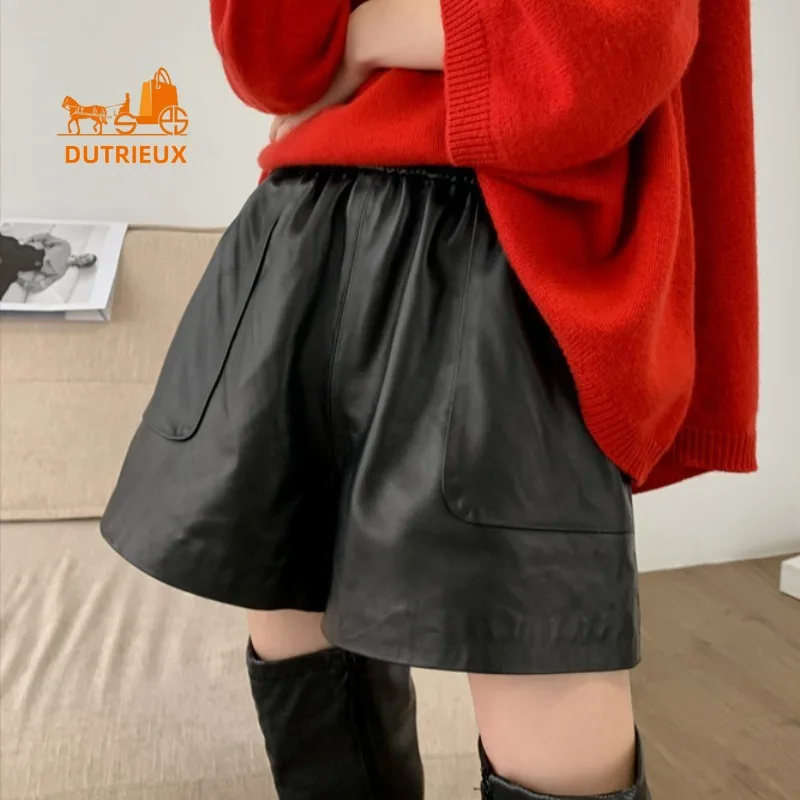 

New winter genuine leather shorts for women,best quality sheepskin elastic wide-leg pants simple outer wear A-line cowhide pants