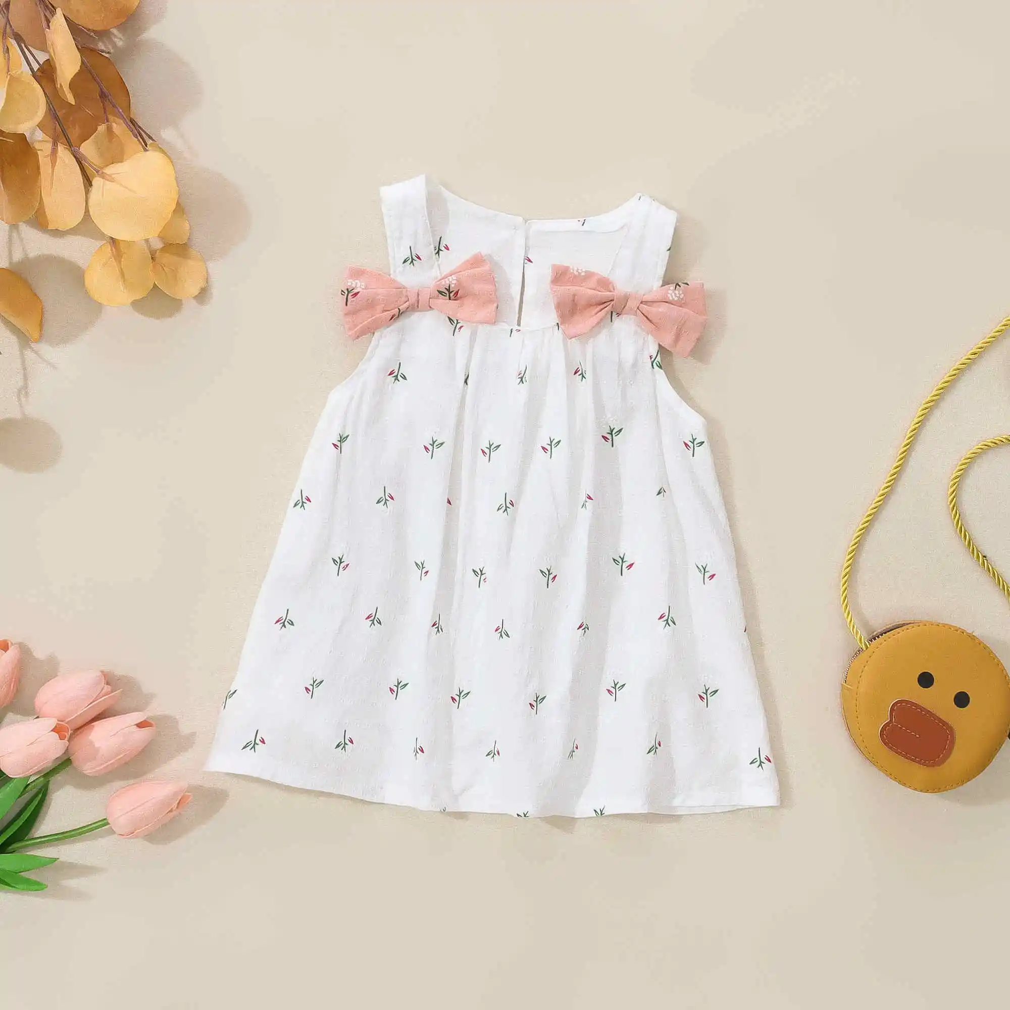 Summer Simple Solid Color Flower Baby Girl Dress Sleeveless Bowknot Children\'s Clothes Thin Breathable 0 To 3 Years Old Toddler