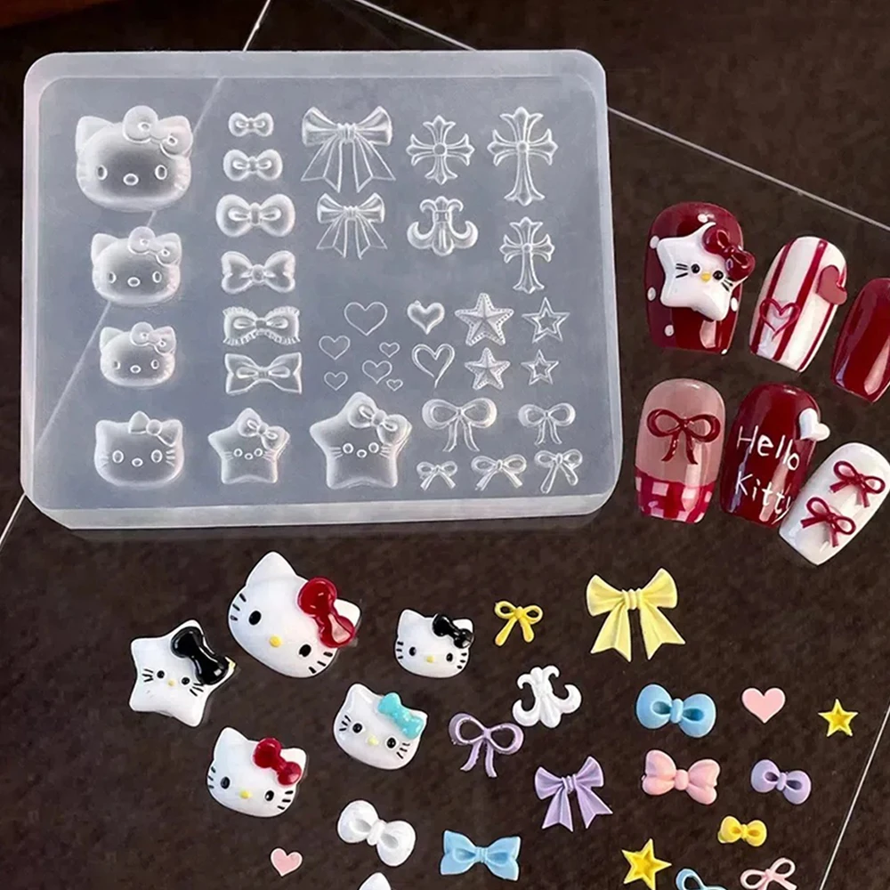 

3D Kawaii Cartoon Hello Kitty Nail Carving Mold Sticker Silicone Nail Art Mold Heart Bowknot Cross Nails Stencils Decals for DIY
