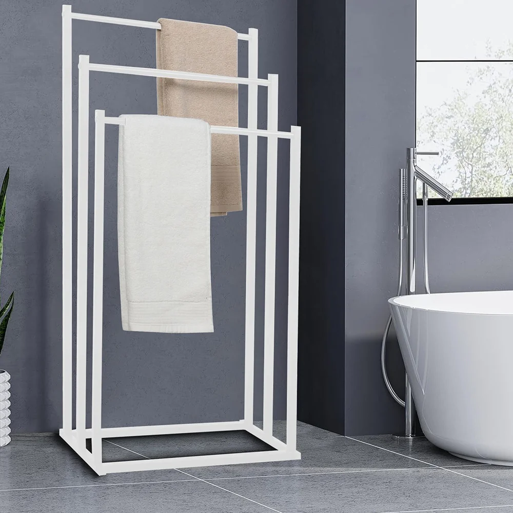 Portasciugamani in metallo bianco a tre livelli, da posizionare a terra, con 3 barre, ideale per il bagno, non richiede fori – salvaspazio.