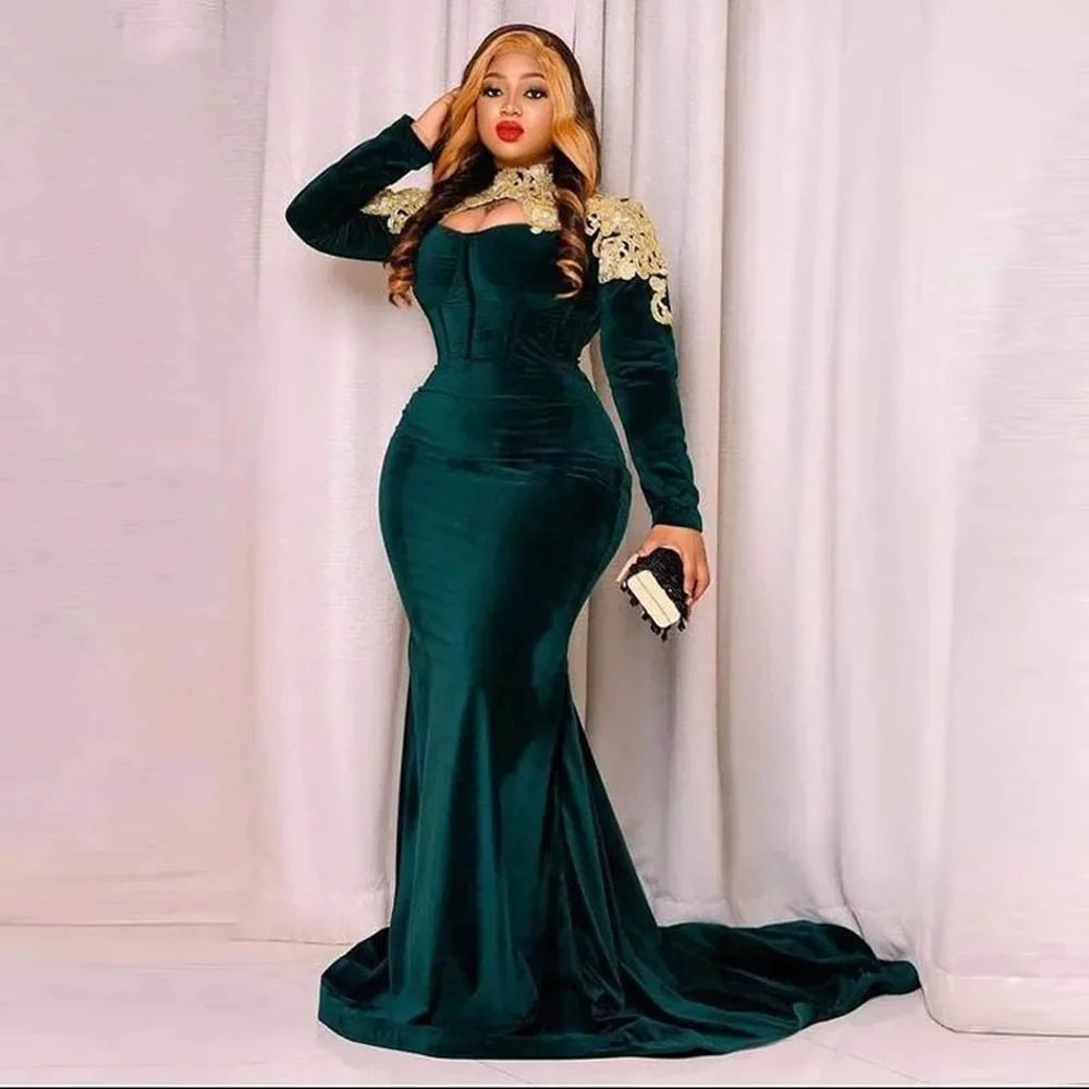 

Glamorous mermaid Fashionista Sexy hip Wrap Evening gown New high neck long sleeve gold decal formal party dance plus size