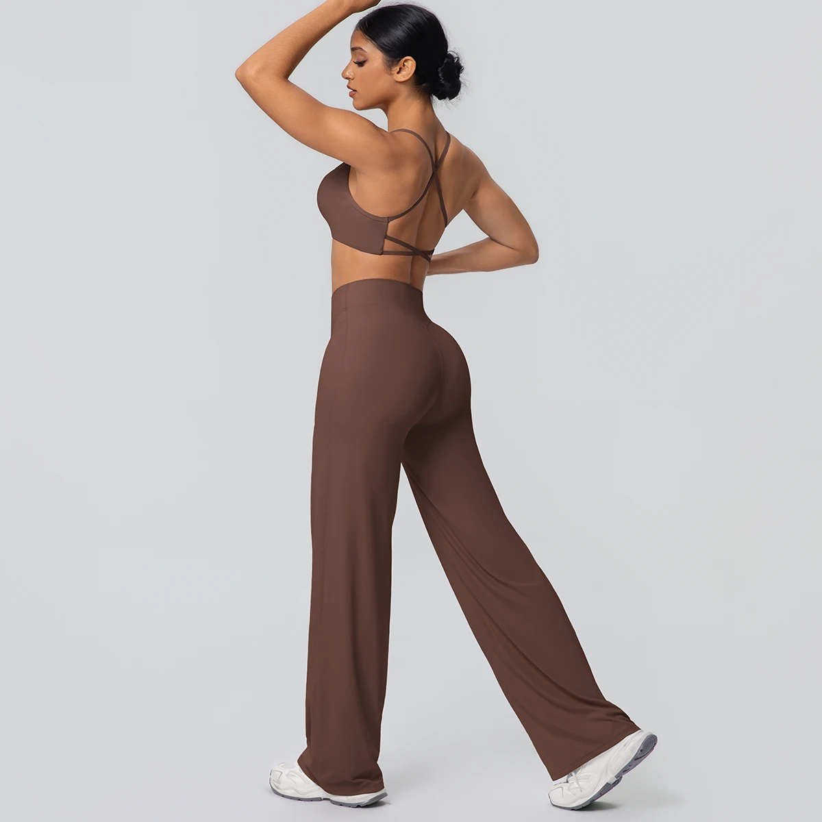 Frauen Gym Sport Yoga Anzug Sexy Schöne Zurück Yoga Unterwäsche Mit Brust Pad Einfarbig Hohe Taille Breite Bein Hosen Yoga Set – Detail 12