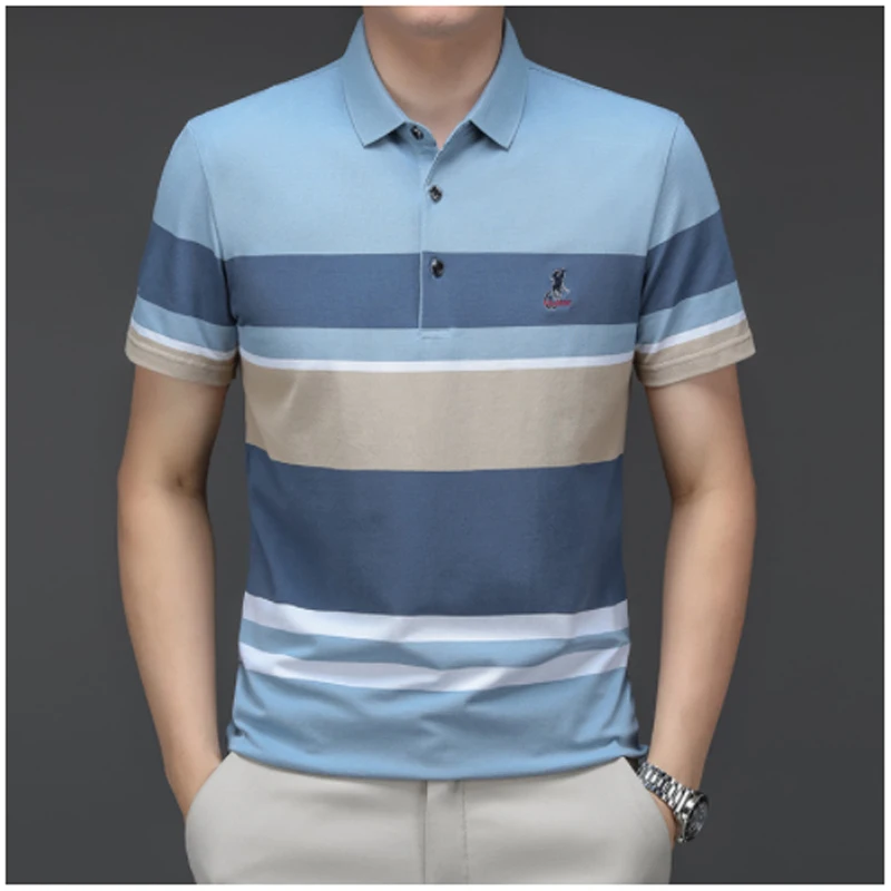 Polo de algodón de manga corta para hombre, camiseta informal de negocios a rayas, tops de marca de alta calidad, novedad de verano