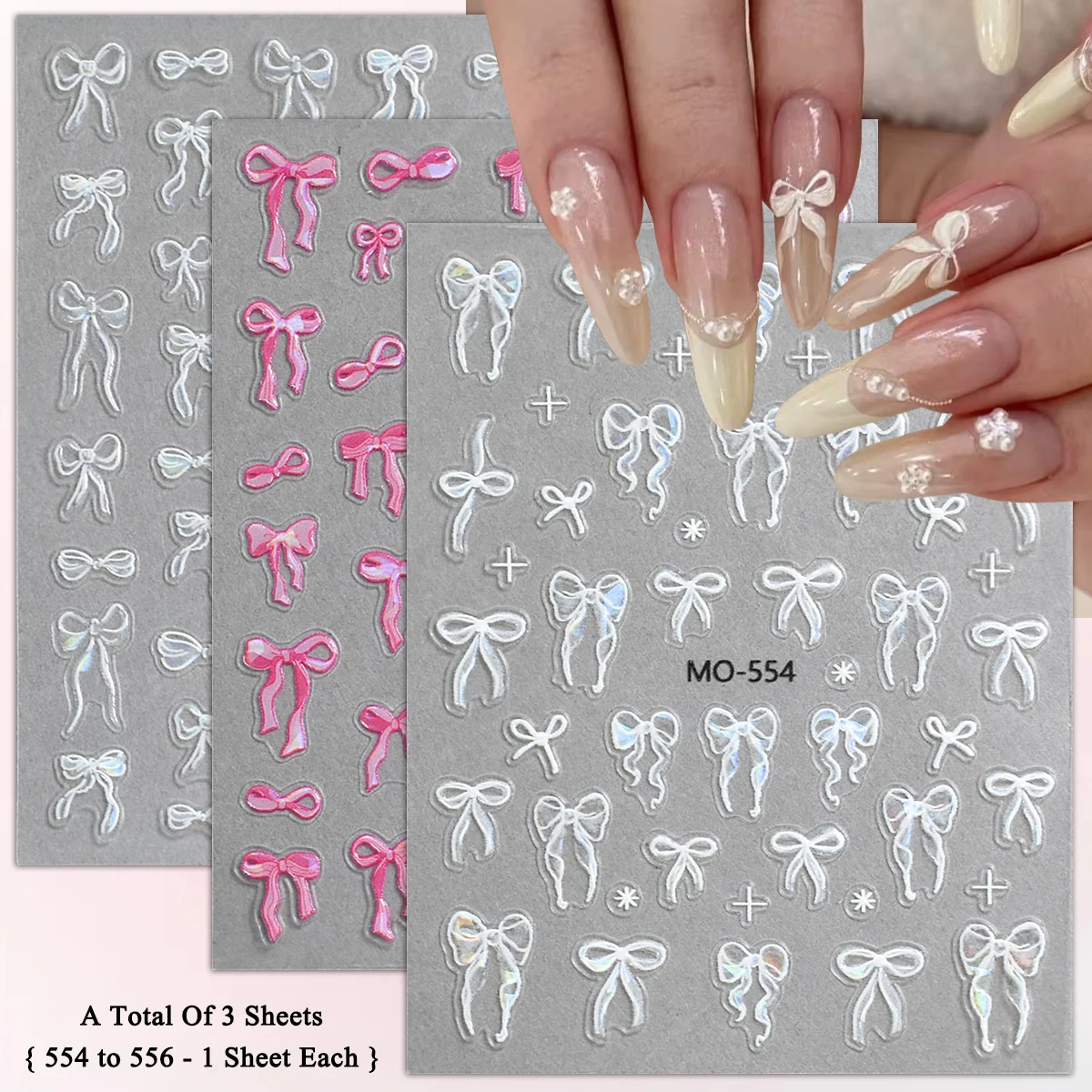 3/6/12 Blatt Nagelkunstaufkleber mit weißer und rosa Schleife und holografischem Umriss, selbstklebende Nagelaufkleber mit 5D-Band